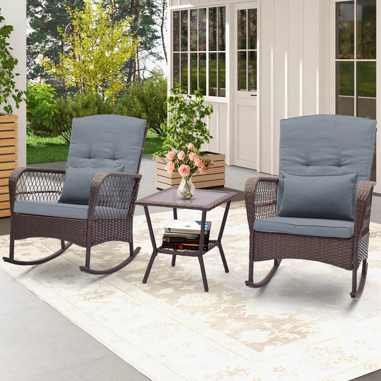 Costway 3 PCS Patio Rocker Set Outdoor Wicker Rocking Chairs with Double-Layer Coffee Table Gray/Navy/Beige/Red
